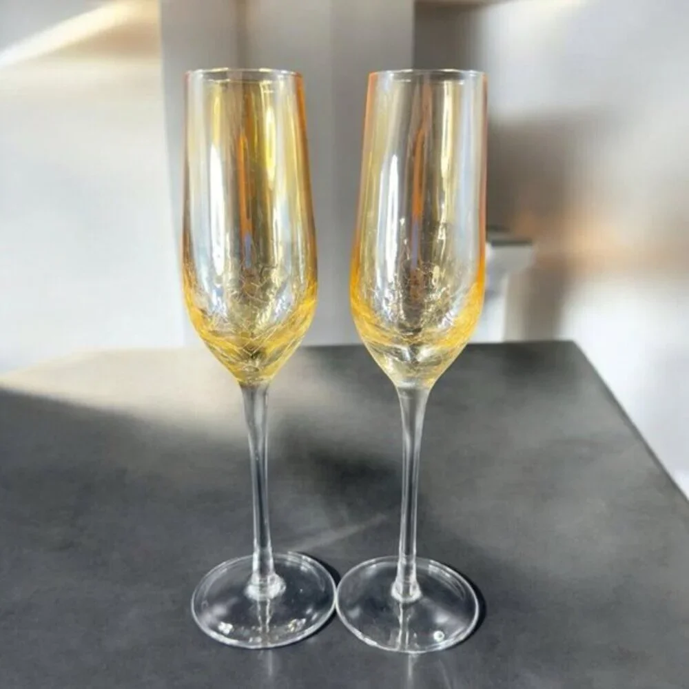 Pier 1 Smokey Yellow‎ Crackle Glass Flute Drinking Glasses Set 2 Clear Bottom